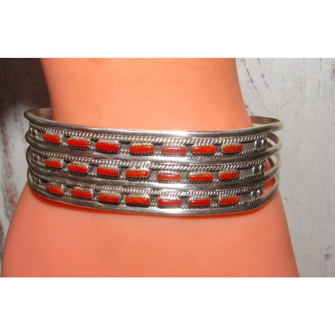 Zuni Coral Needlepoint Cuff Bracelet Sterling Silver Connie 