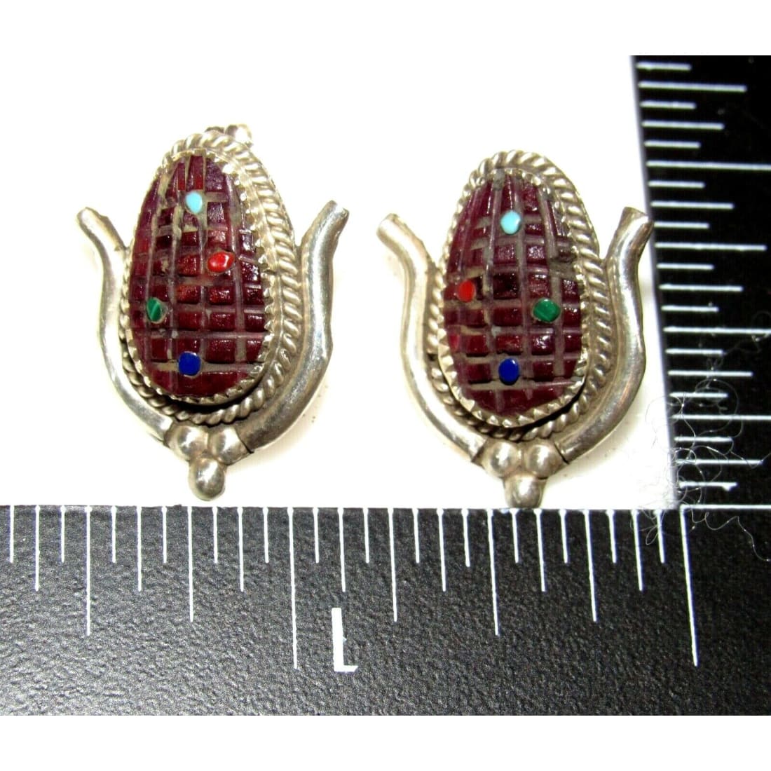 Zuni Corn Post Earrings Purple Spiny Oyster Sterling Silver Signed Native American