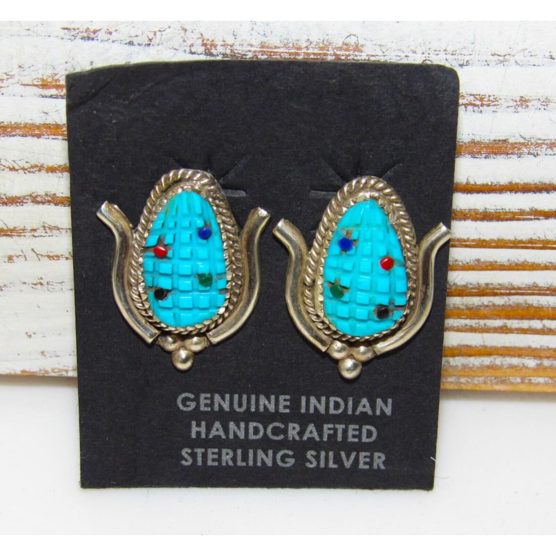 Zuni Corn Post Earrings Turquoise Sterling Silver Signed - 