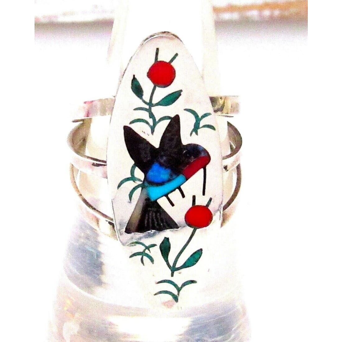 Zuni Inlay Hummingbird Ring Size 6 Singed Sterling Silver 