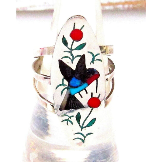 Zuni Inlay Hummingbird Ring Size 6 Singed Sterling Silver 