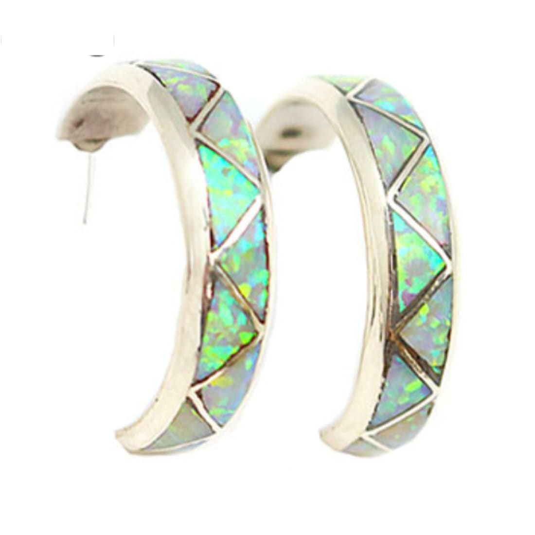 Zuni Opal Inlay Hoop Earrings 3/4 Diameter Sterling Silver -