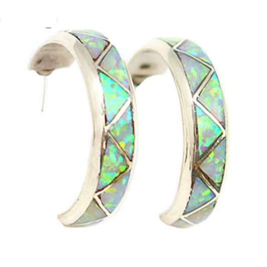 Zuni Opal Inlay Hoop Earrings 3/4 Diameter Sterling Silver -