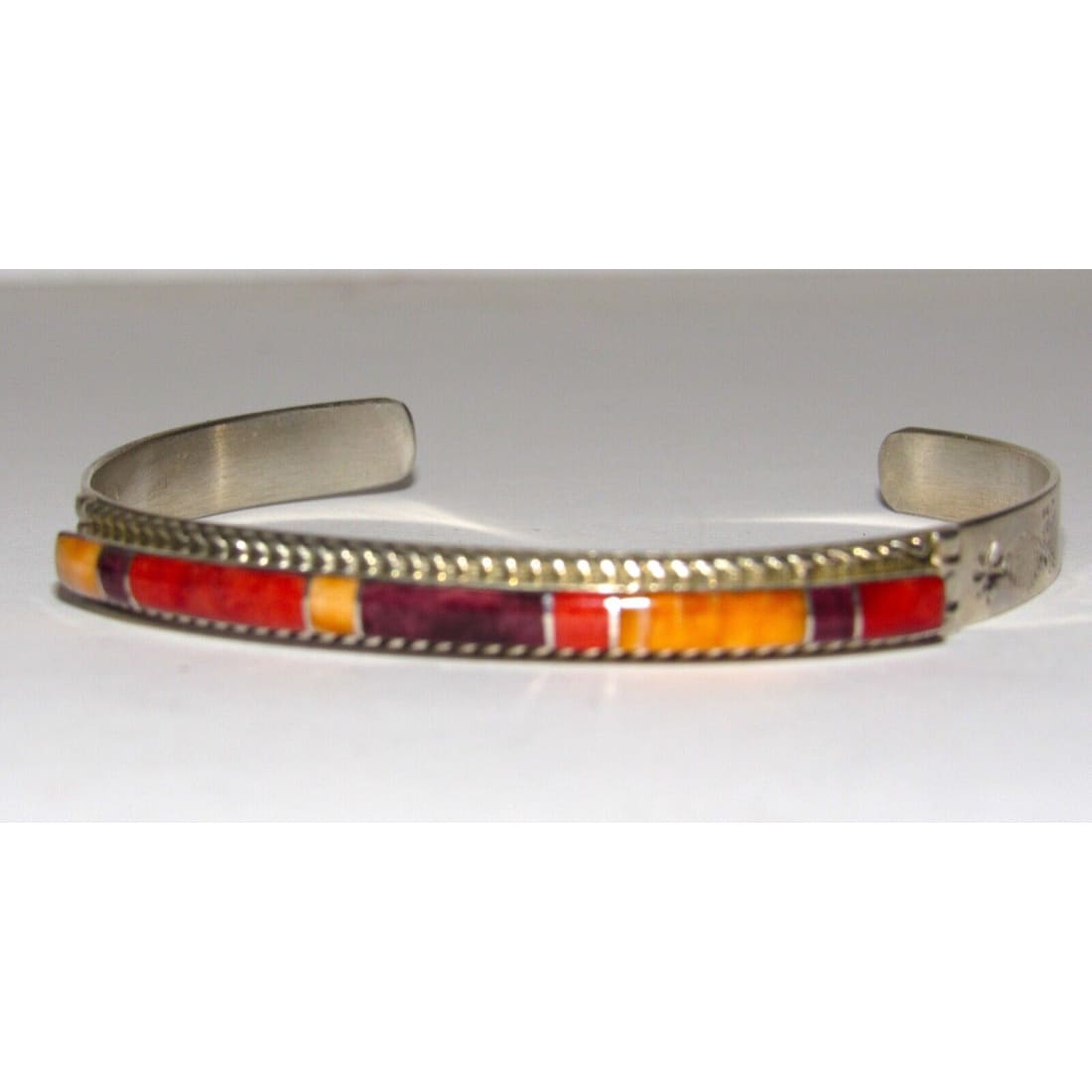 Zuni Orange Purple Red Spiny Inlay Stacker Cuff Bracelet