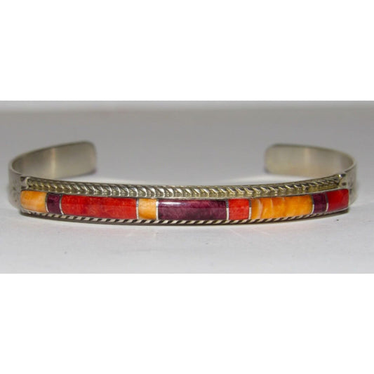 Zuni Orange Purple Red Spiny Inlay Stacker Cuff Bracelet