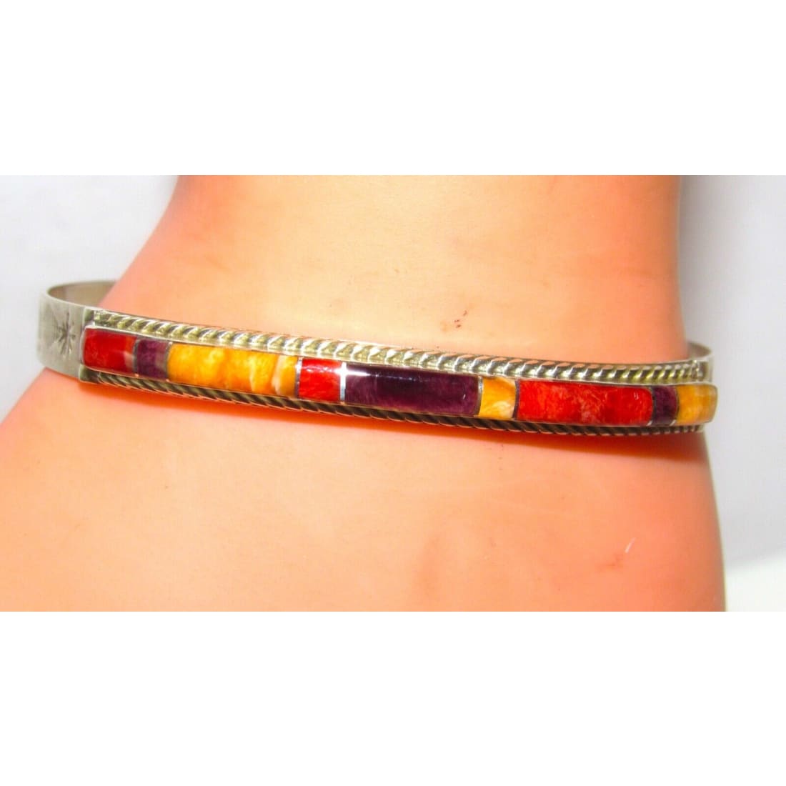 Zuni Orange Purple Red Spiny Inlay Stacker Cuff Bracelet