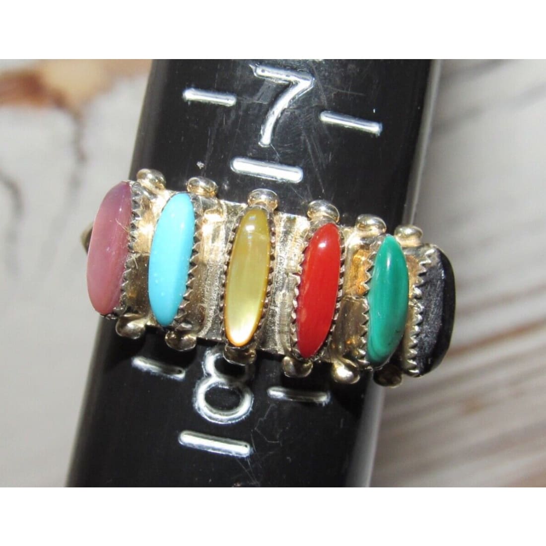 Zuni Petite Point Ring Sz 7.5 Sterling Turquoise Coral
