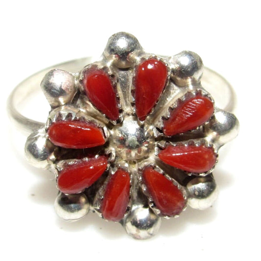 Zuni Small Coral Cluster Ring Sterling Dave Leekity Size 6.5