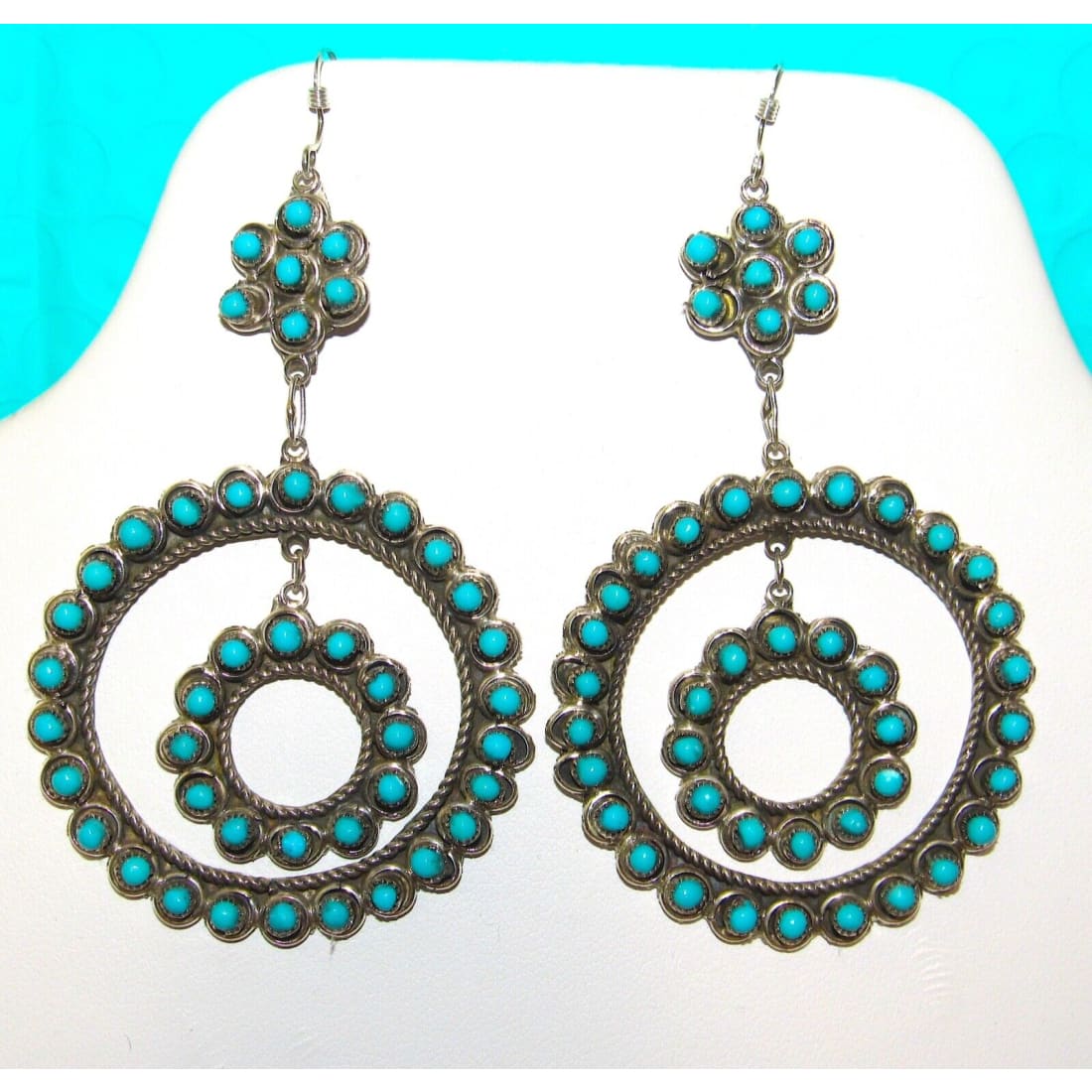 Zuni Snake Eye Turquoise Dangle Earrings Sterling Silver 