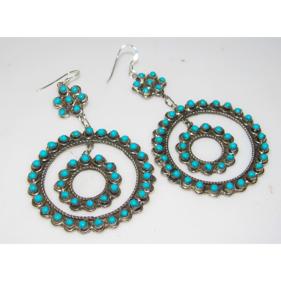 Zuni Snake Eye Turquoise Dangle Earrings Sterling Silver 