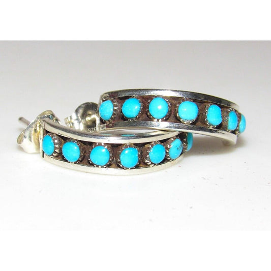Zuni Snake Eye Turquoise Small Hoop Earrings Sterling Silver