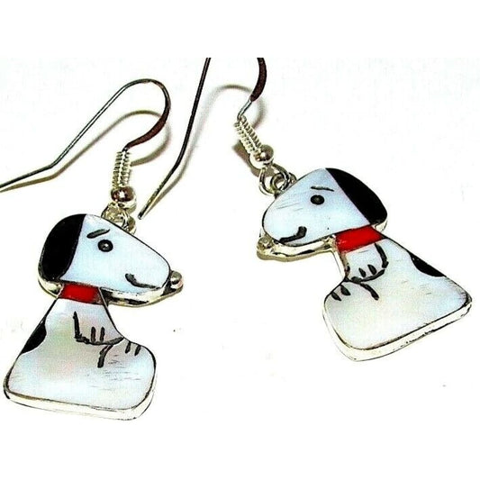 Zuni SNOOPY Earrings Peanuts Sterling Silver Inlaid Stone 