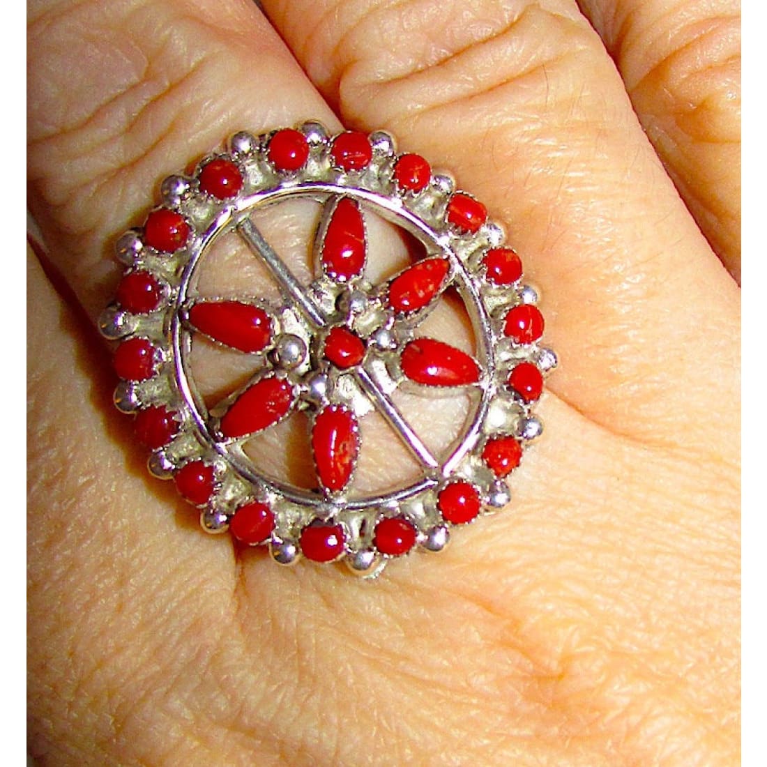 Zuni Sterling Silver Mediterranean Coral Cluster Statement Ring Size 7.5 Native American Vintage Snake Eye Design The Southwestern Style Gallery