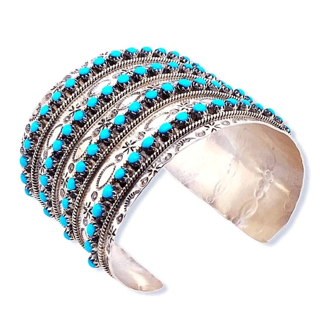 Zuni Sterling Silver Sleeping Beauty Mine Turquoise Cuff Bracelet "Snake Eyes" Tribal Hand Etched Design Signed The Southwestern Style Gallery