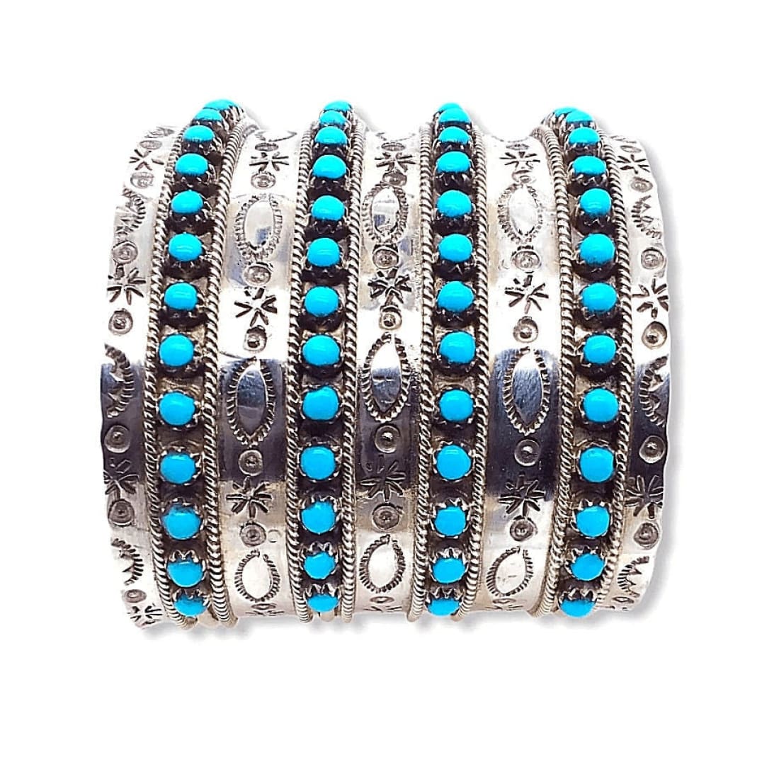Zuni Sterling Silver Sleeping Beauty Mine Turquoise Cuff Bracelet "Snake Eyes" Tribal Hand Etched Design Signed The Southwestern Style Gallery