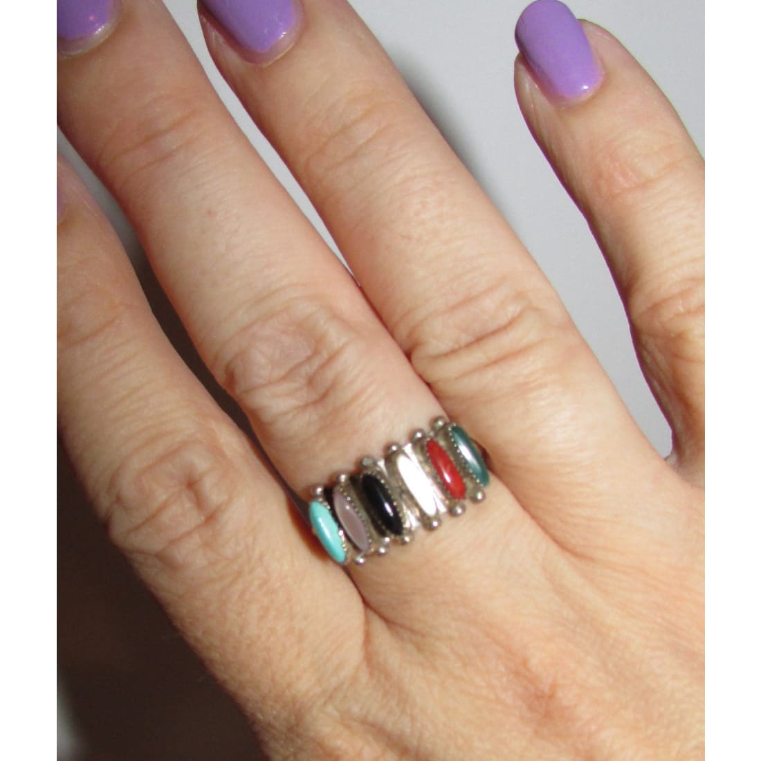 Zuni Sterling Silver Turquoise Coral Malachite Needlepoint Design Cluster Ring Size 7 Collectible Janice Paloma The Southwestern Style Gallery