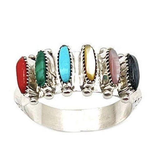 Zuni Sterling Silver Turquoise Coral Malachite Needlepoint Design Cluster Ring Size 7 Collectible Janice Paloma The Southwestern Style Gallery