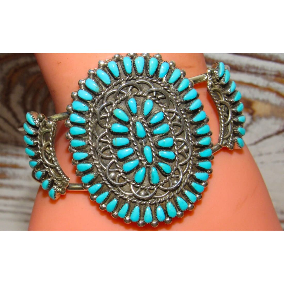 Zuni Turquoise Cluster Cuff Bracelet Sterling Silver Native 