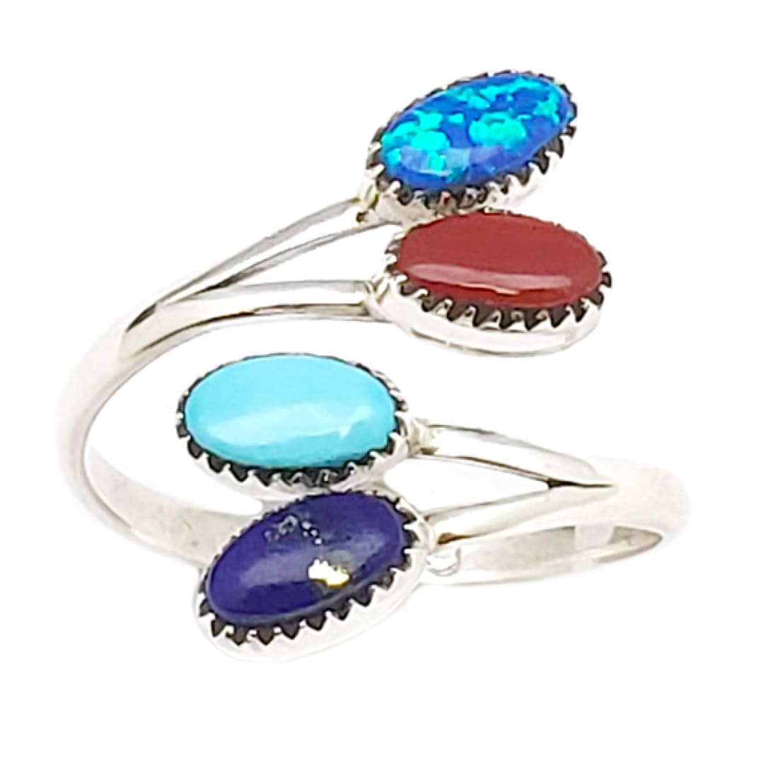 Zuni Turquoise Coral Lapis Opal Bypass Ring Sze 9 Adjustable