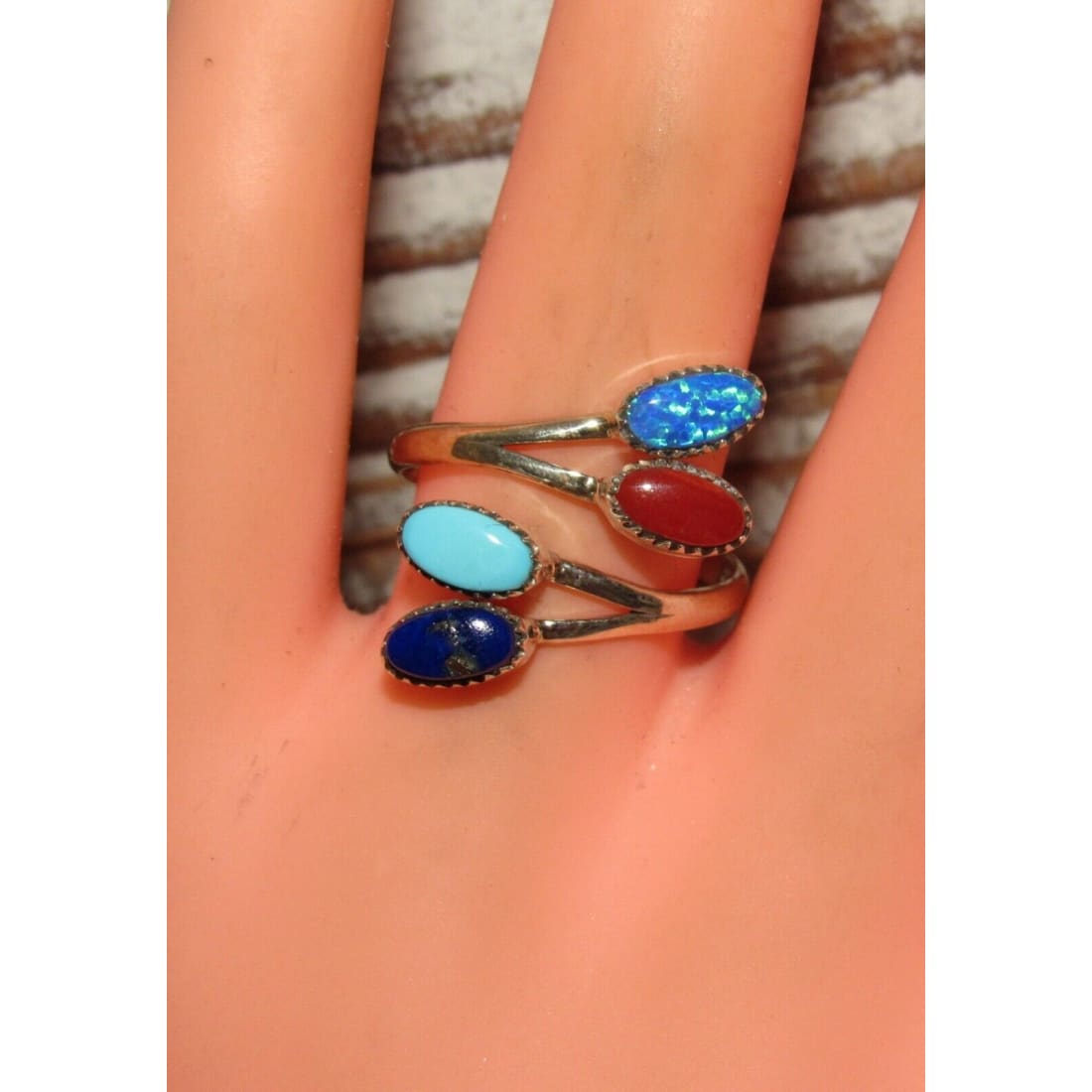 Zuni Turquoise Coral Lapis Opal Bypass Ring Sze 9 Adjustable