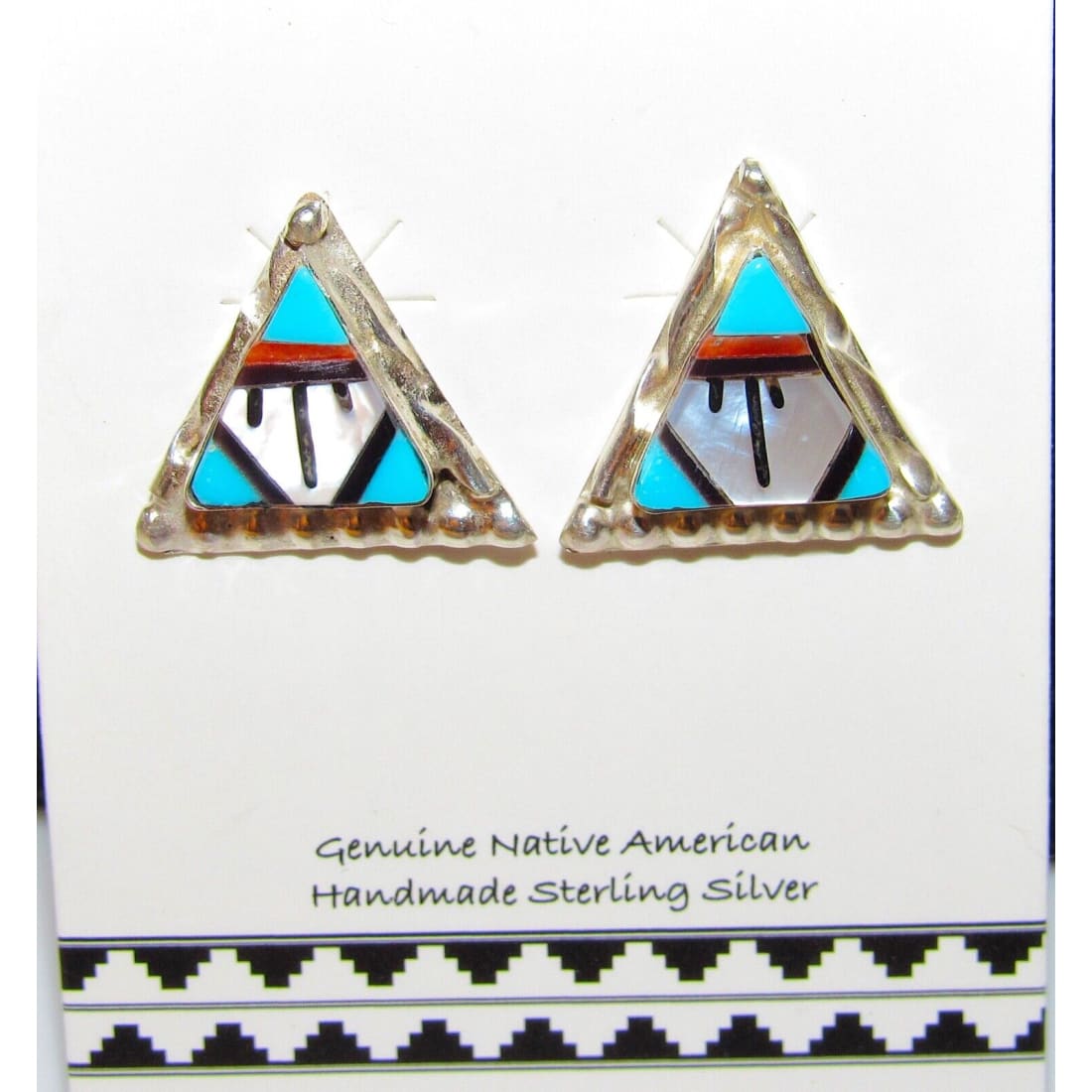 Zuni Turquoise Coral MOP Inlay Post Earrings Sterling Native