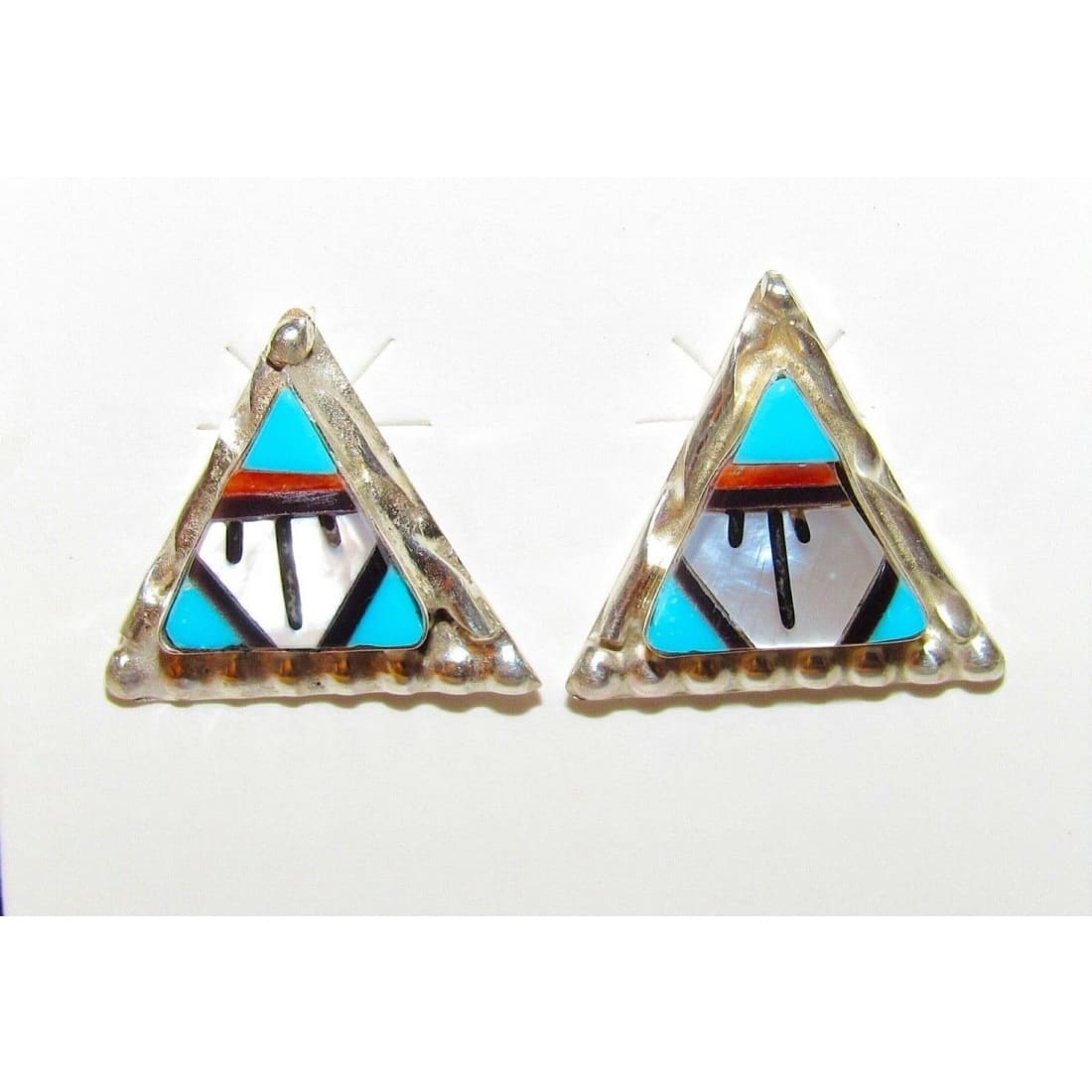 Zuni Turquoise Coral MOP Inlay Post Earrings Sterling Native