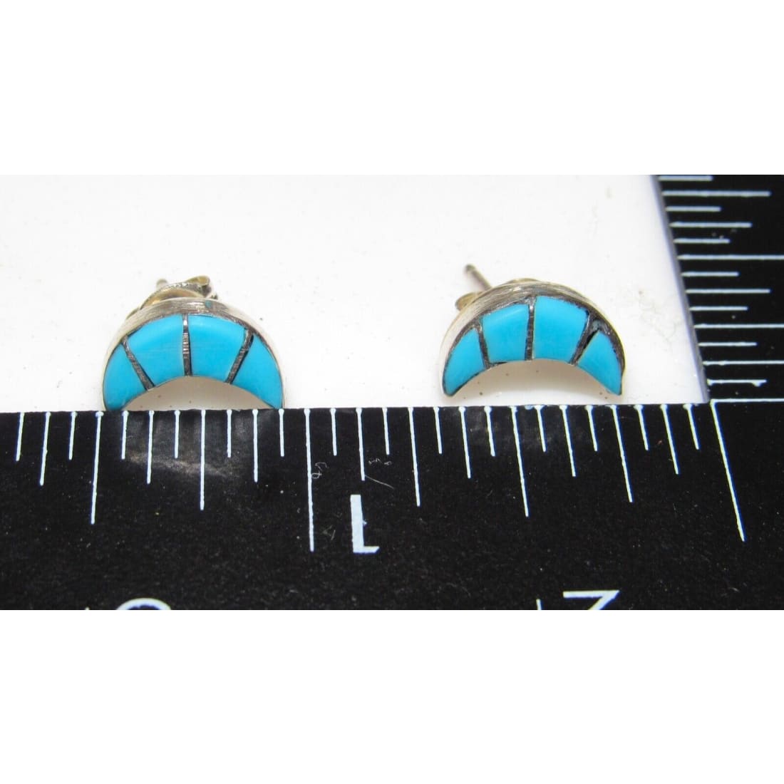 Zuni Turquoise Crescent Moon Inlay Post Earrings Sterling Silver Native American Native American