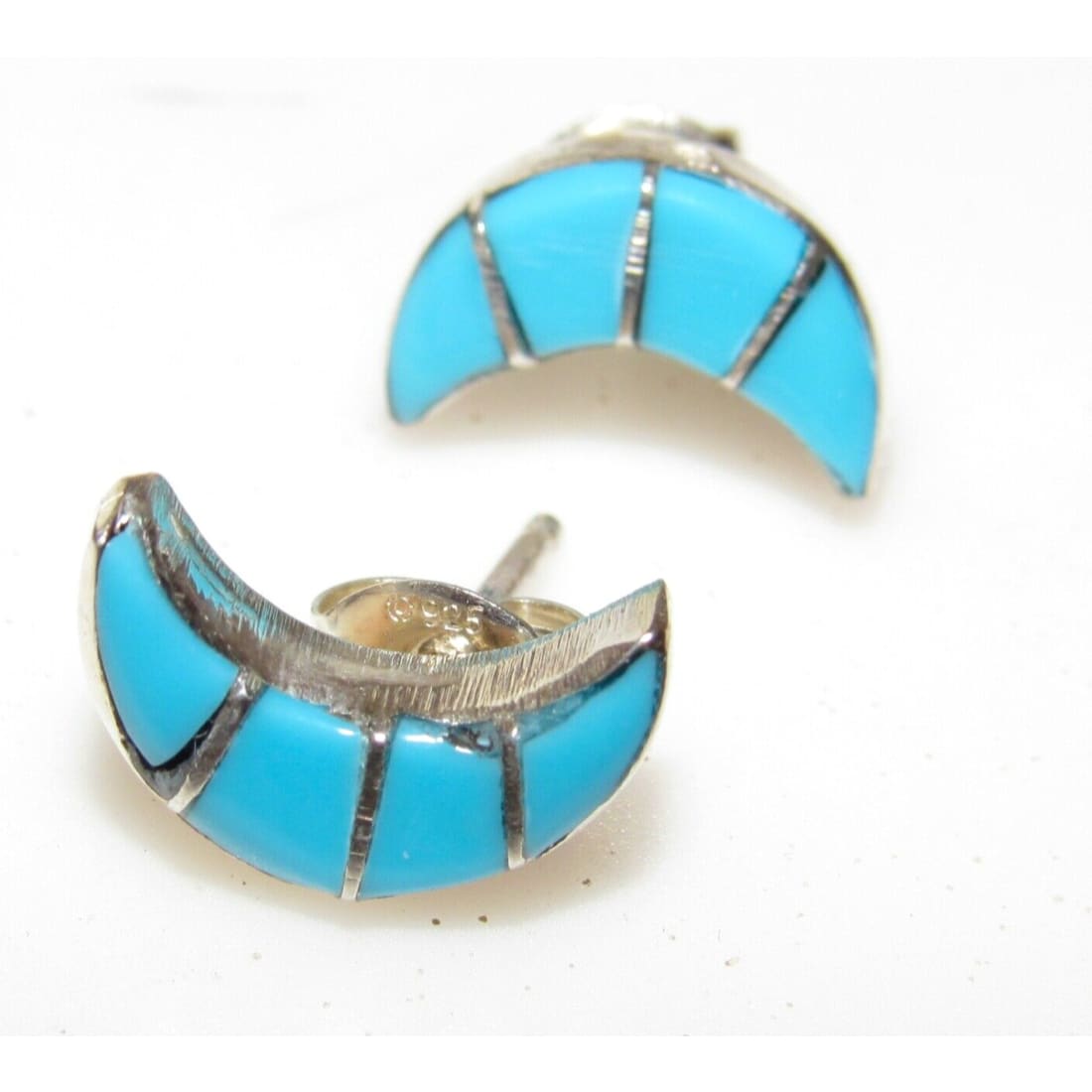 Zuni Turquoise Crescent Moon Inlay Post Earrings Sterling Silver Native American Native American