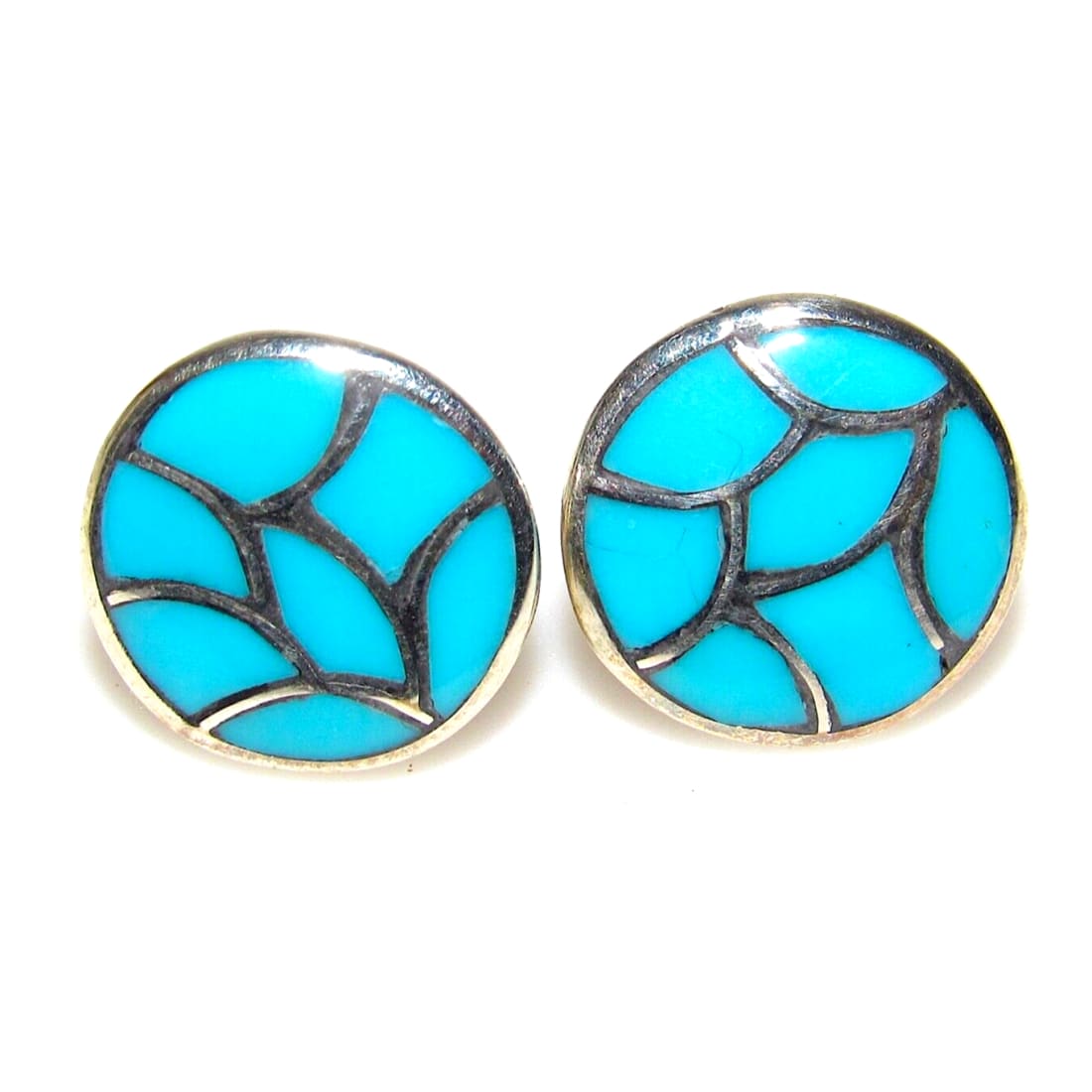 Zuni Turquoise Fish Scale Inlay Post Earrings Sterling K. Seoutewa Native American