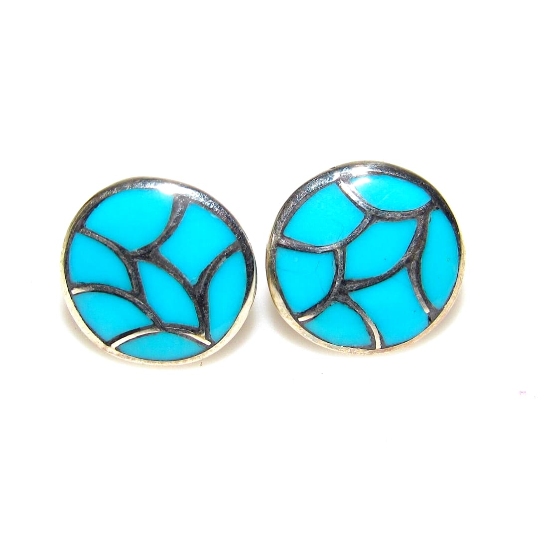 Zuni Turquoise Fish Scale Inlay Post Earrings Sterling K. Seoutewa Native American