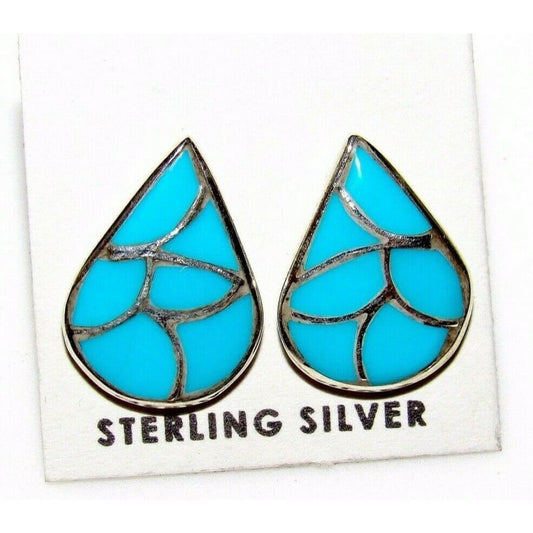 Zuni Turquoise Fish Scale Inlay Post Earrings Sterling Sleeping Beauty Turquoise Native American