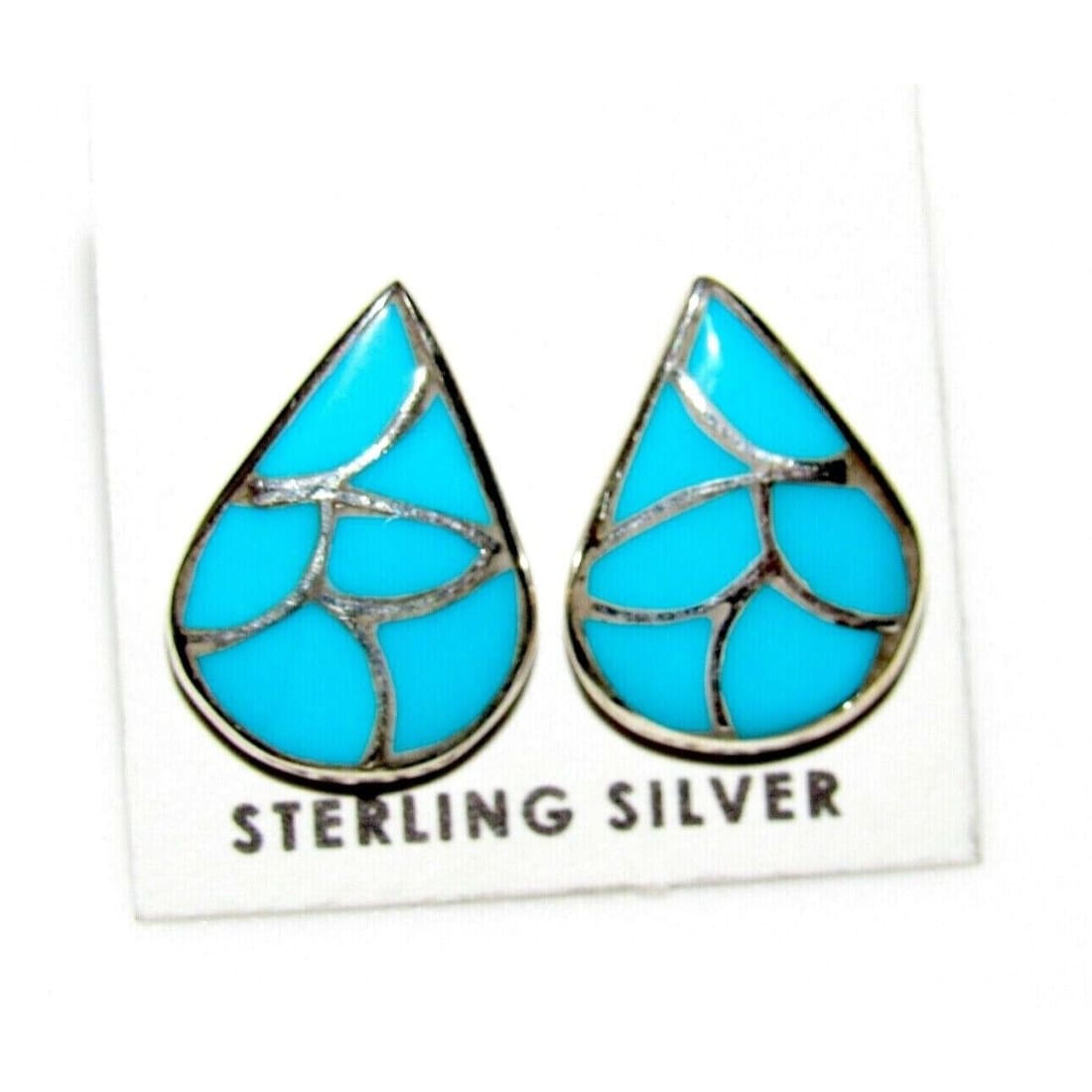 Zuni Turquoise Fish Scale Inlay Post Earrings Sterling Sleeping Beauty Turquoise Native American