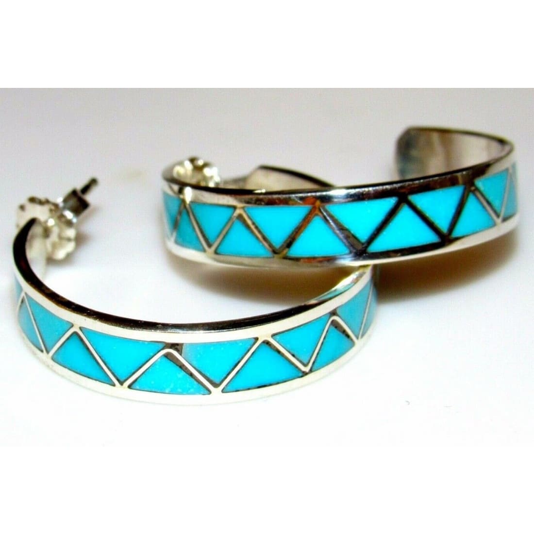Zuni Turquoise Inlay Hoop Earrings 1 1/4" Diameter Sterling Silver The Southwestern Style Gallery