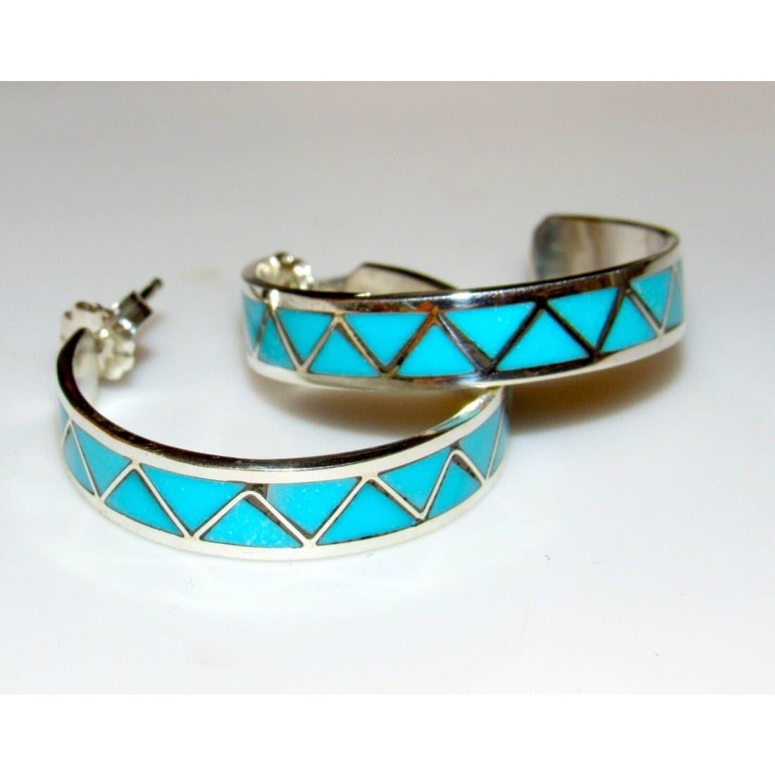 Zuni Turquoise Inlay Hoop Earrings 1 1/4" Diameter Sterling Silver The Southwestern Style Gallery