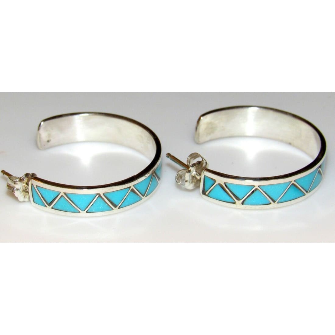 Zuni Turquoise Inlay Hoop Earrings 1 1/4" Diameter Sterling Silver The Southwestern Style Gallery