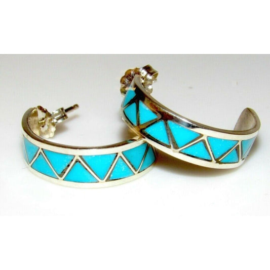 Zuni Turquoise Inlay Hoop Earrings 3/4" Diameter Sterling Silver Native American