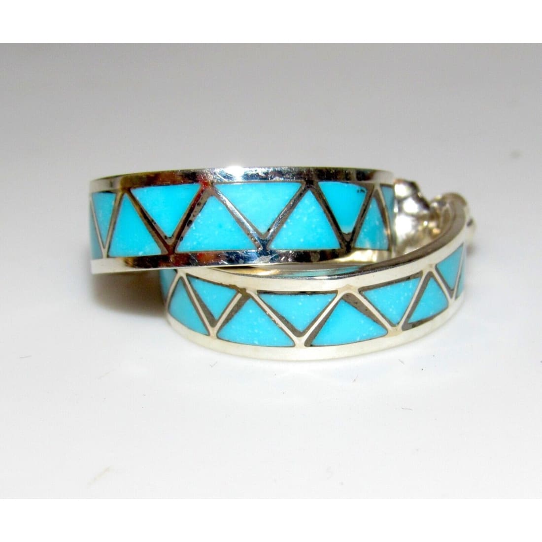 Zuni Turquoise Inlay Hoop Earrings 3/4" Diameter Sterling Silver Native American