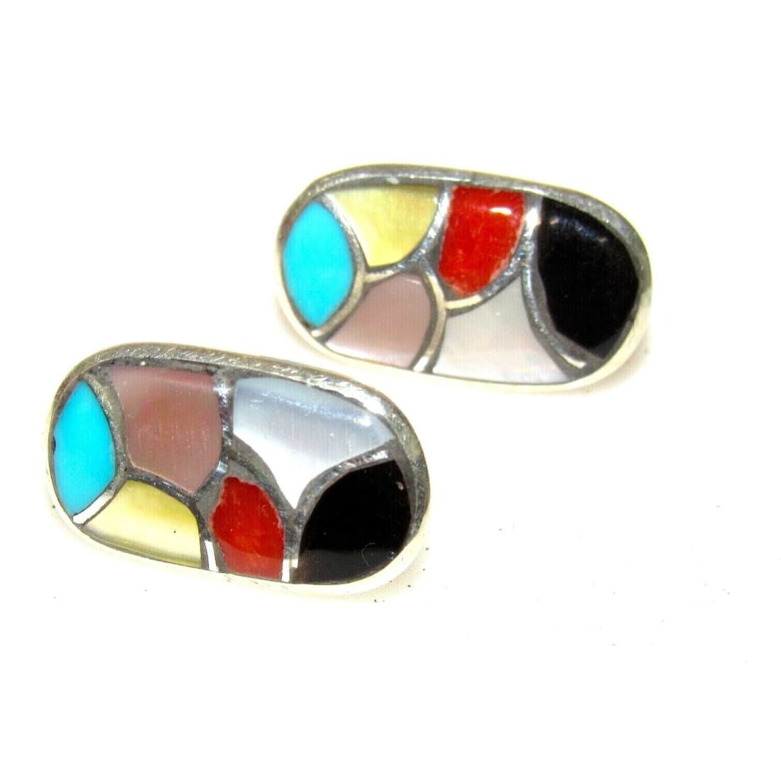 Zuni Turquoise Multi Stone Inlay Post Earrings Sterling Silver Native American Native American