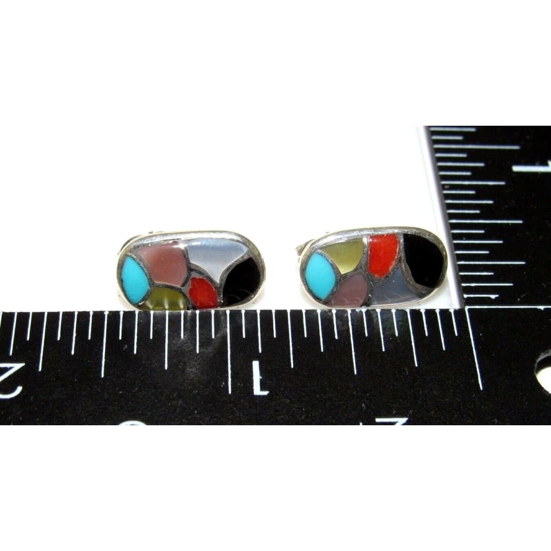 Zuni Turquoise Multi Stone Inlay Post Earrings Sterling Silver Native American Native American