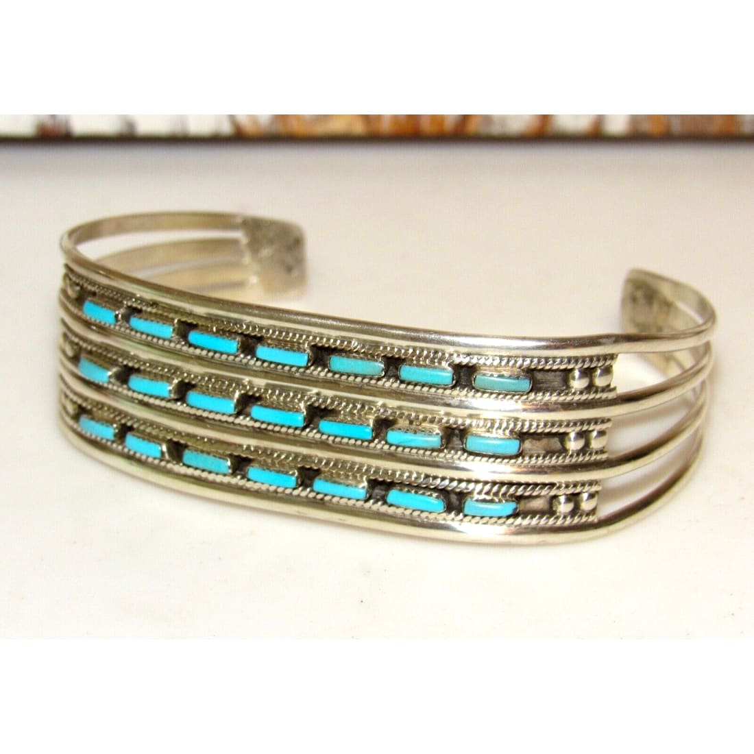 Zuni Turquoise Needlepoint Cuff Bracelet Sterling Silver 