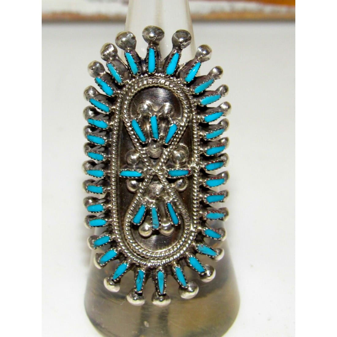 Zuni Turquoise Petit Point Statement Ring Size 6.5 Sterling 