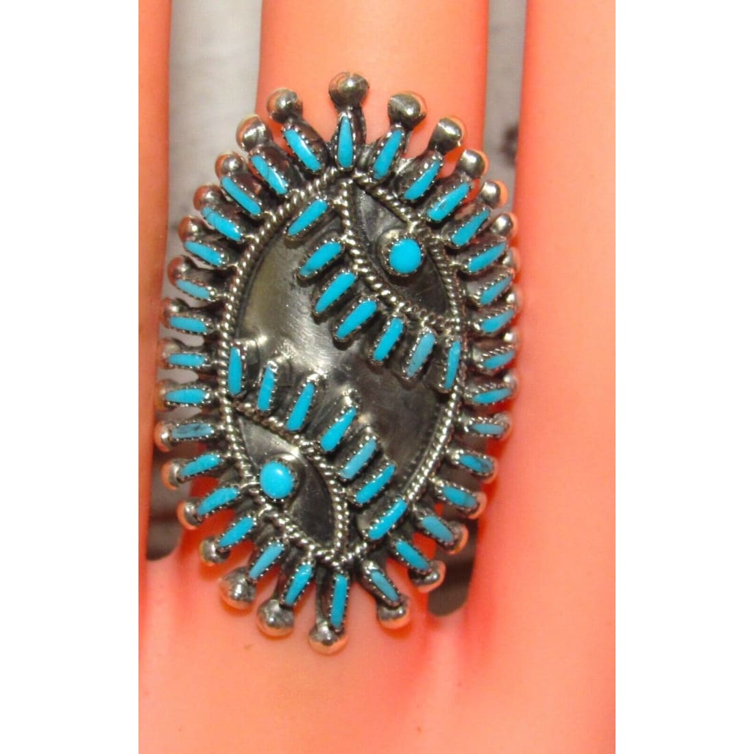 Zuni Turquoise Petit Point Statement Ring Size 7 Sterling 